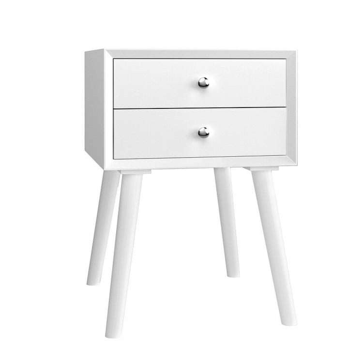 White wooden nightstand with two storage drawers, designed in mid-century style for efficient space use in any room.