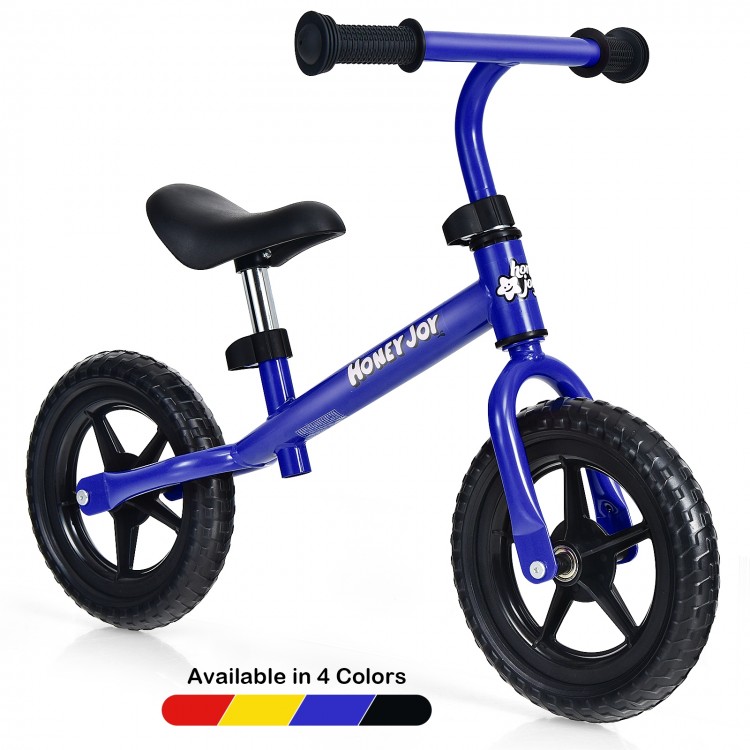 Side view of a kids balance bike in blue, highlighting the soft padded seat and sturdy carbon steel frame for comfort.