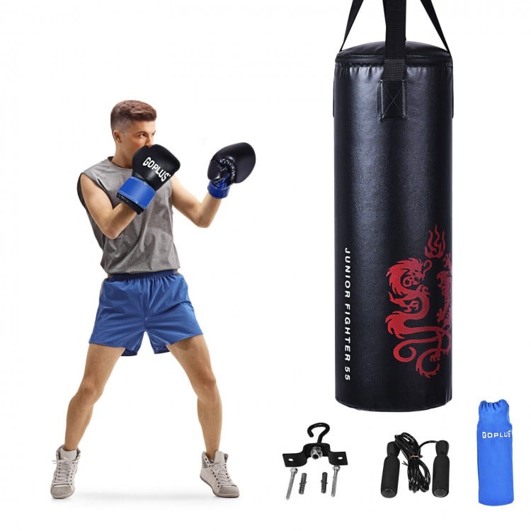 Punching boxing set with 40lbs filled sandbag, gloves, jump rope, and carrying rucksack for kids over 5 years old.