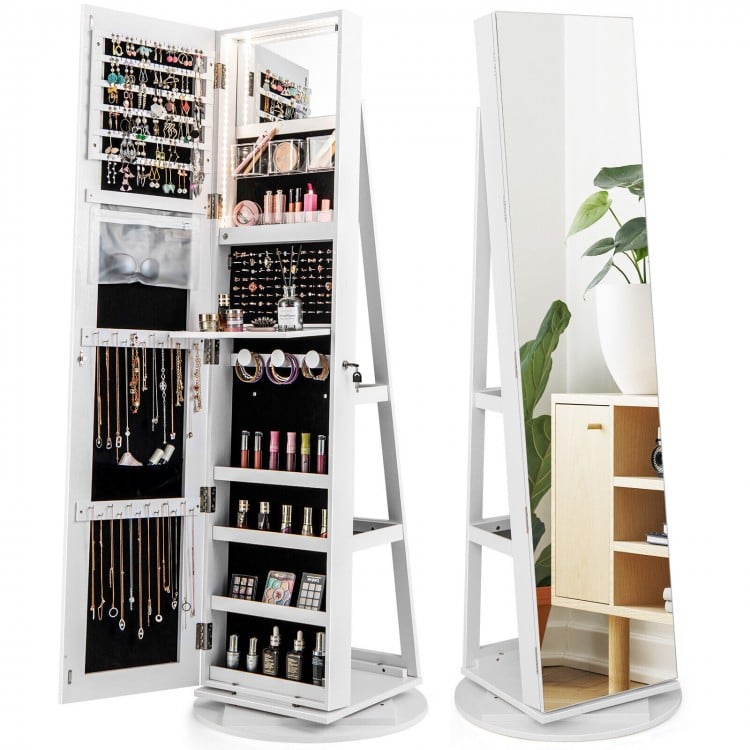 360° rotating mirrored jewelry cabinet armoire in white with LED lighting, lockable door, and spacious storage for.