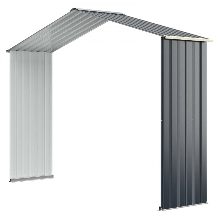 Gray outdoor storage shed extension kit for 9.1 ft shed, made of durable color coated steel, expands storage to 16 ft.