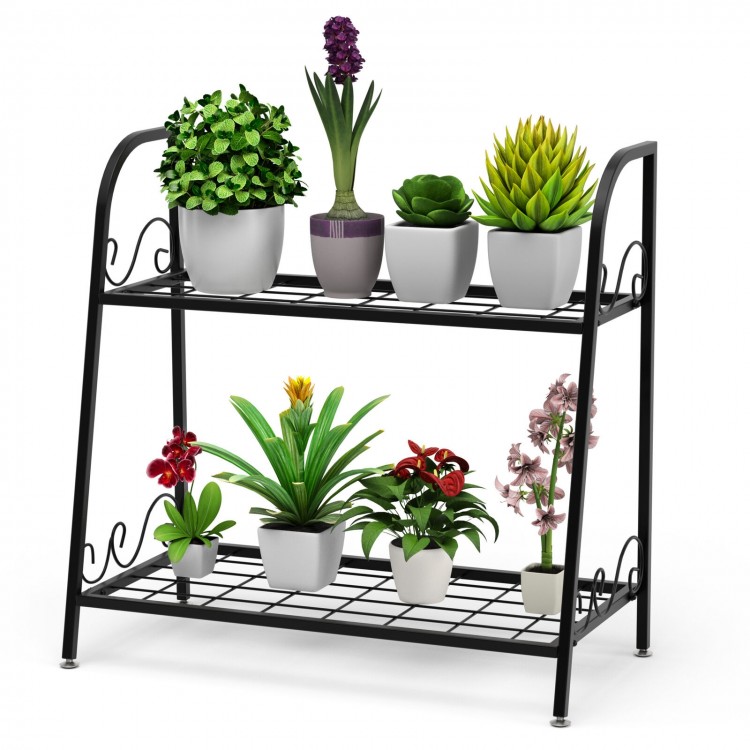 2-tier metal plant stand with a black powder-coated finish, ideal for displaying plants in gardens or balconies.