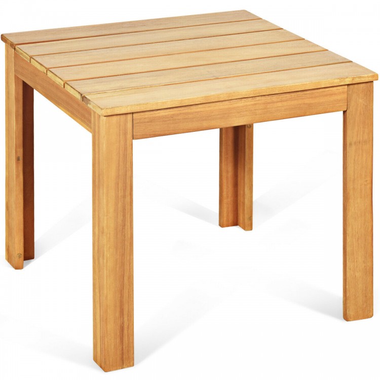 Wooden square patio coffee bistro table made of acacia wood, waterproof varnish, perfect for outdoor and indoor use.
