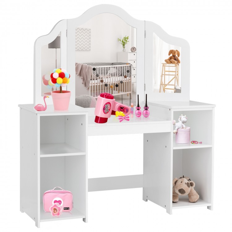 Kids tri-folding mirror makeup dressing vanity table set in white with four storage compartments for children.
