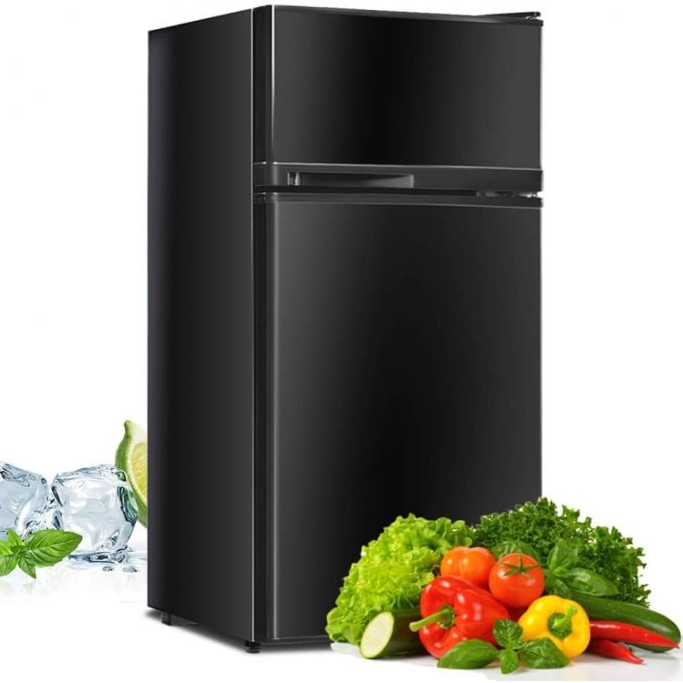 Compact black refrigerator with two doors, adjustable shelves, and integrated door storage for efficient organization.