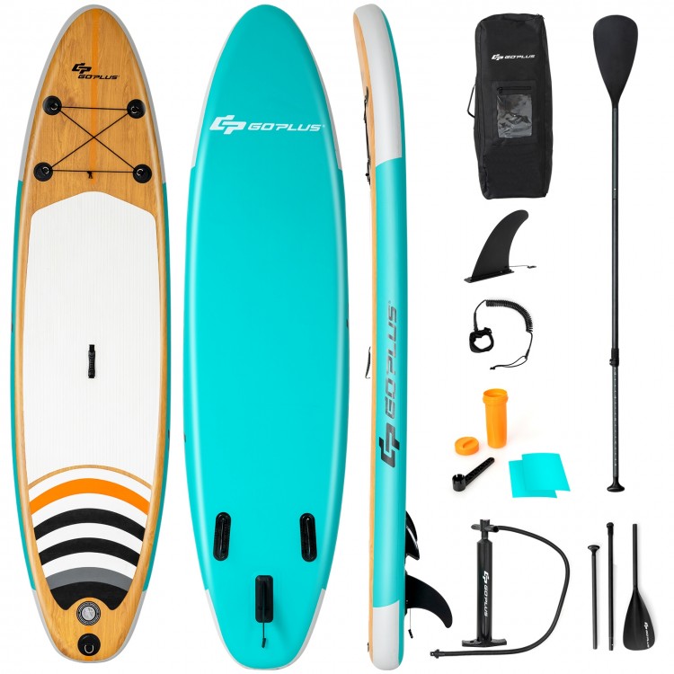 10' inflatable stand-up paddle board in teal with accessories, ideal for fishing and cruising, packed in a carry bag.