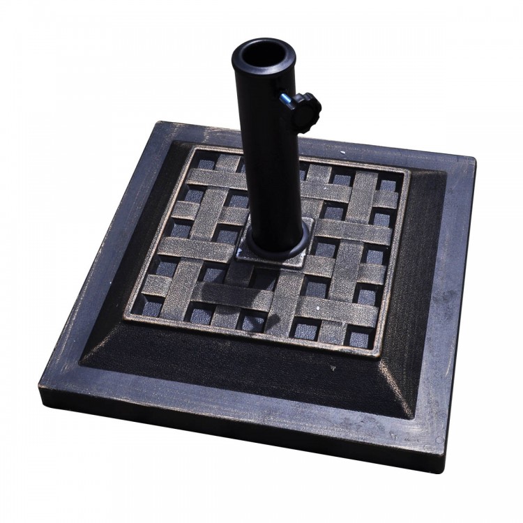 Heavy-duty 17.5-inch square umbrella base stand with decorative bronze finish, designed for outdoor use.