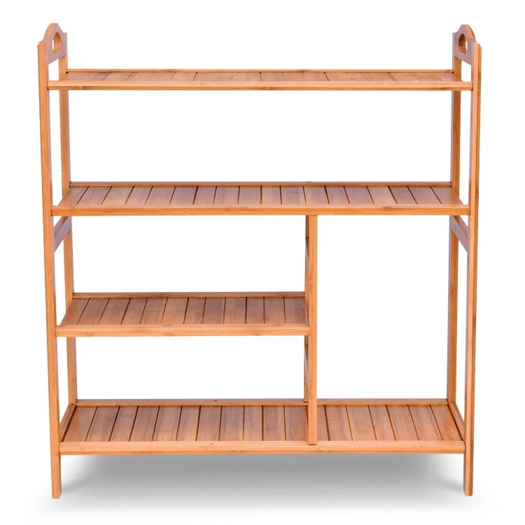 Four-tier bamboo storage shoe rack with side handles, perfect for entryway or hallway organization.