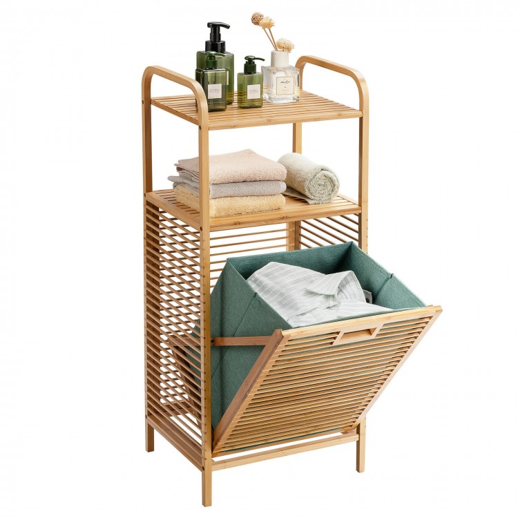 Tilt-out bamboo laundry hamper with 2-tier shelf, removable liner, and natural finish for easy access and storage.
