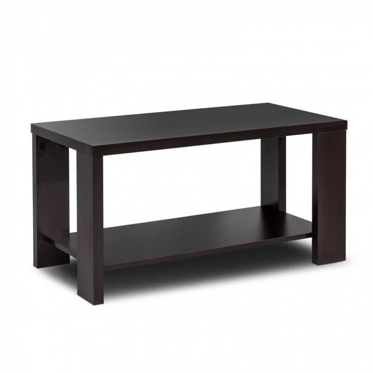 Rectangular coffee table with storage shelf, made of engineered wood, featuring a retro design for living room or.