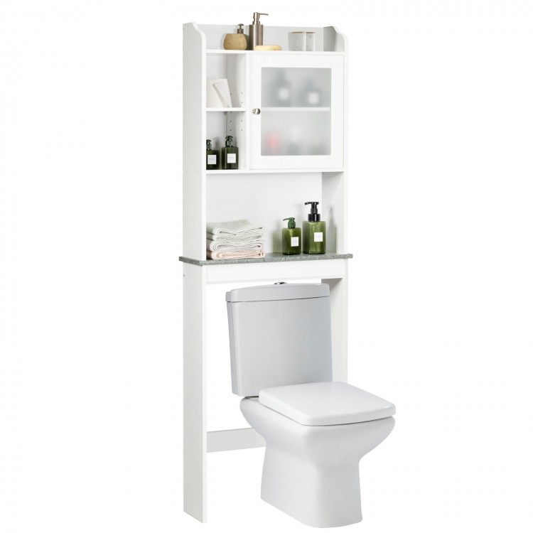 White over-the-toilet cabinet with adjustable shelves, faux marble top, and ample storage for modern bathroom decor.