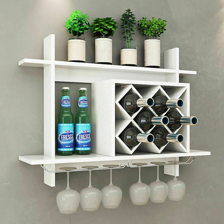 Wall mount wine rack organizer with glass holder, storing six bottles and displaying plants, made of MDF and stainless.
