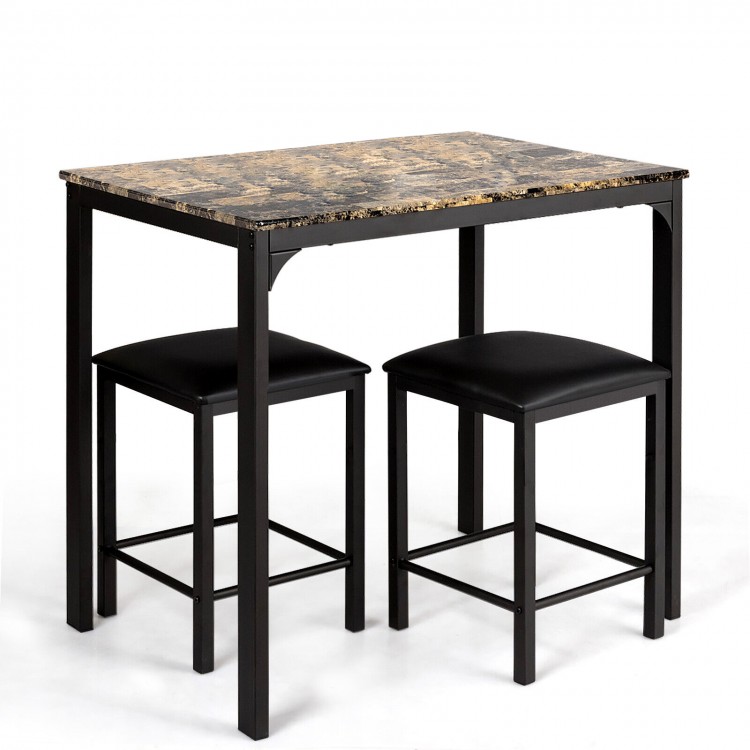 Counter height faux marble table with two black stools, perfect for small spaces in kitchens or dining rooms.