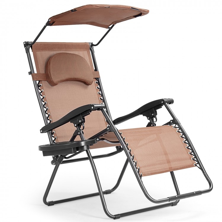 Folding recliner lounge chair with adjustable shade canopy, cup holder, and durable steel frame for outdoor relaxation.