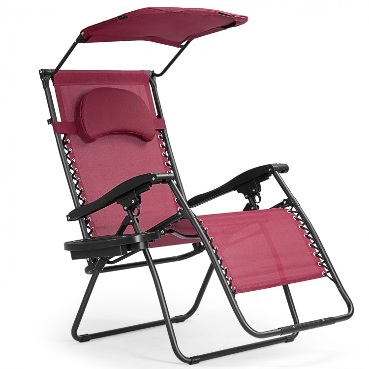 Folding recliner lounge chair in wine color with adjustable shade canopy and cup holder for outdoor relaxation.