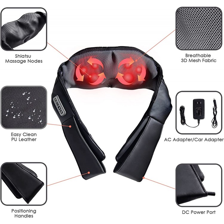 Electric back and neck massager with 8 kneading nodes, heating function, and adjustable straps for relaxation at home.