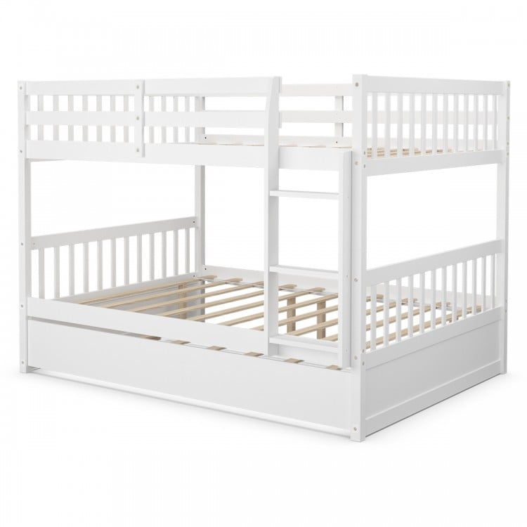 Full over full bunk bed in white with sturdy pine wood frame, 28 slats, and trundle for space-saving in kids' rooms.
