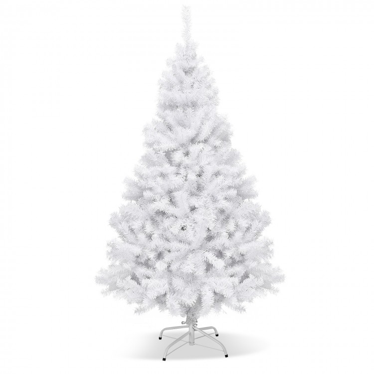 6-foot hinged artificial Christmas tree with a solid metal stand, featuring thick branches for festive decoration.