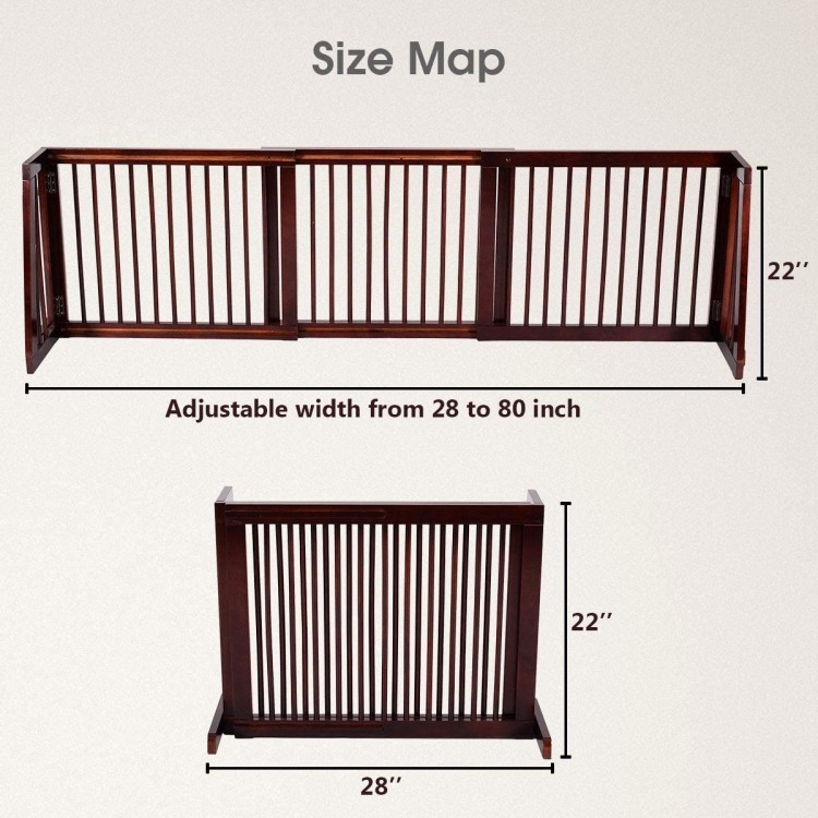 Folding adjustable 3-panel wood fence in cherry finish, 22 inches tall, fits spaces from 28 to 80 inches for versatile.