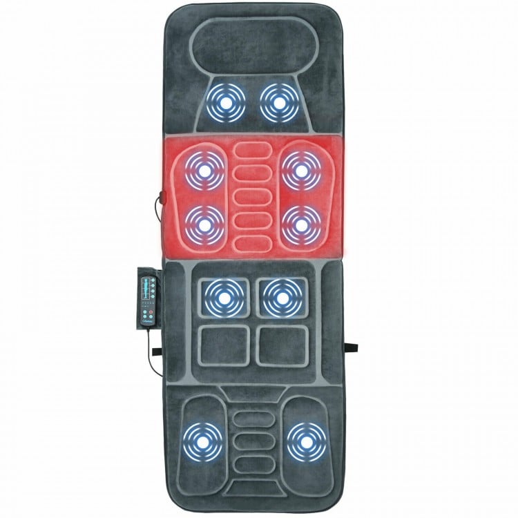 Foldable massage mat with heat and 10 vibration motors, featuring plush surface for neck, back, and leg relief.
