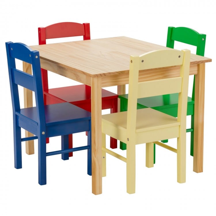 Close-up view of a blue kid's chair from a multicolor table chair set made of solid pine wood, ideal for toddlers'.
