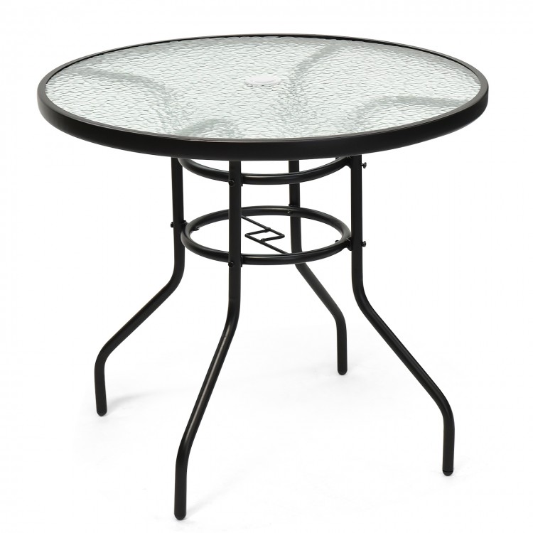 32-inch round patio table with tempered glass top and black steel frame, featuring an umbrella hole for outdoor use.