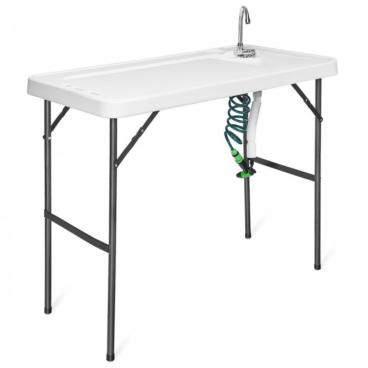 Folding cleaning sink table with sprayer, durable plastic surface, integrated sink, perfect for outdoor cleaning tasks.