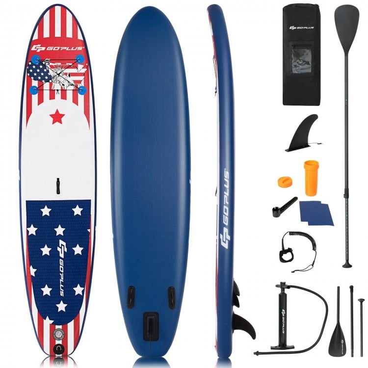 Inflatable stand up paddle board with American flag design, 11 feet long, ideal for surfing, yoga, and fishing.