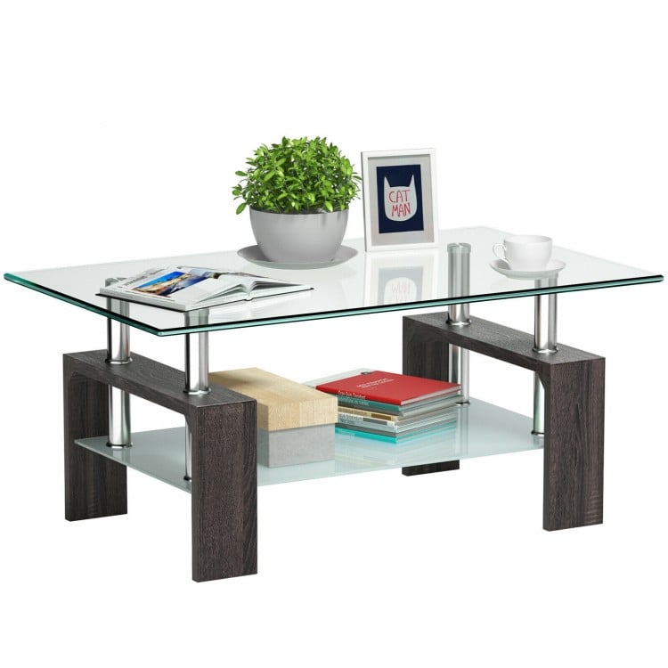Rectangular coffee table with tempered glass top and black MDF shelf, perfect for books and decor in modern living.