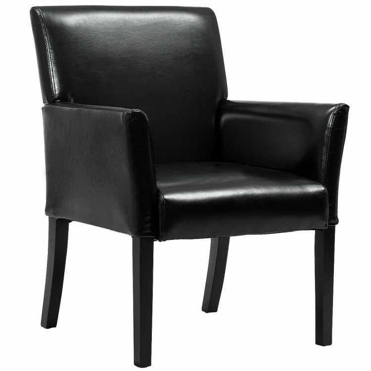 Modern black PU leather executive arm chair with sturdy wood legs, ergonomic design, and comfortable padded arms.