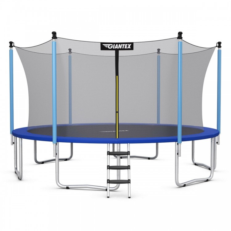 15-foot outdoor trampoline with safety enclosure net, rust-resistant steel frame, and 375 lbs capacity for family fun.