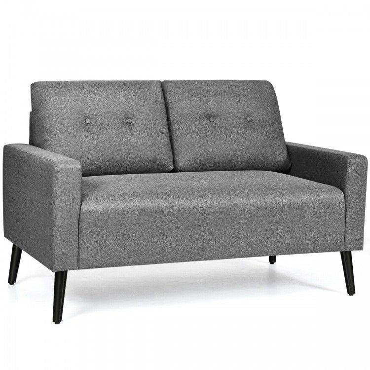 Modern 55-inch gray loveseat sofa with soft cushions and solid rubber wood legs, perfect for living room comfort.