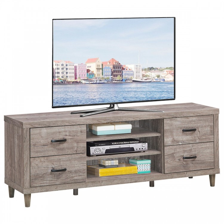 Retro wooden TV stand with 3 open shelves and 4 drawers, designed for TVs up to 65", enhancing living room aesthetics.
