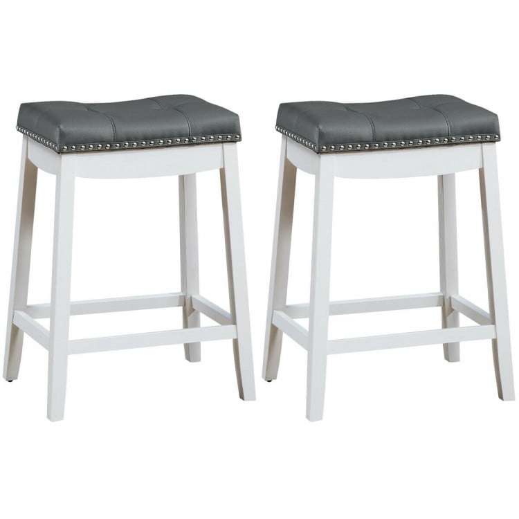 Set of 2 white nailhead saddle bar stools with gray upholstered seats, ideal for kitchen or dining areas.
