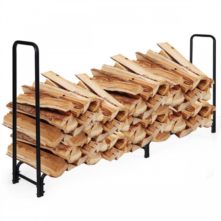 8-foot outdoor steel firewood log rack with heavy-duty frame, rustproof finish, and ample storage for organized lumber.