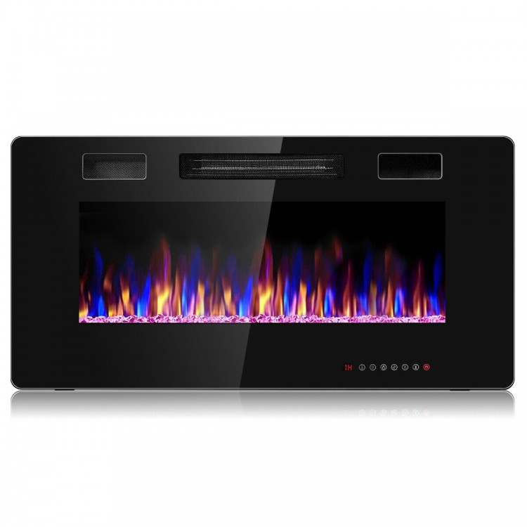 36-inch ultra-thin wall-mounted electric fireplace with 12 flame colors, remote control, and modern black glass design.