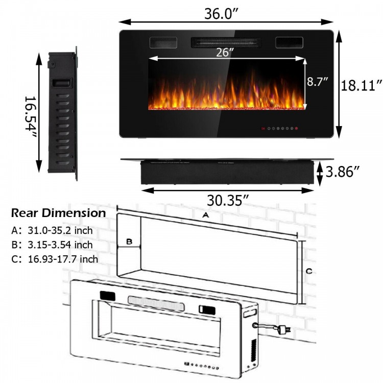 36-inch ultra-thin wall-mounted electric fireplace with black glass finish, 12 flame colors, and remote control for.