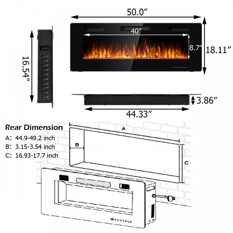 50-inch recessed electric fireplace with 12 flame colors, remote control, and built-in timer for wall-mounted.