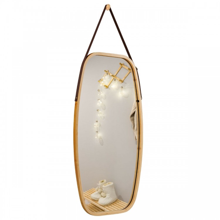 Elegant 30-inch modern rectangle mirror with rounded corners and leather strap, ideal for stylish home decor.