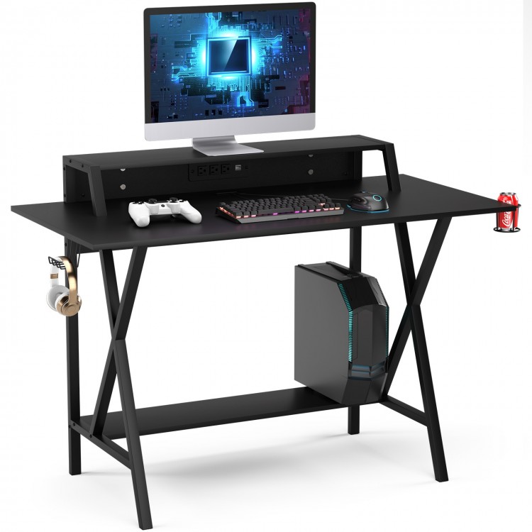 All-in-one professional gaming desk with monitor stand, cup holder, and headphone holder, designed for gamers.