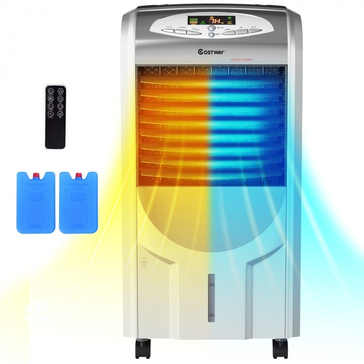 Portable air cooler fan with heater and humidifier, featuring honeycomb cooling pad and remote control for versatile.