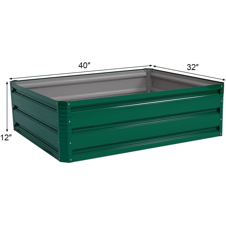Green metal raised garden bed measuring 40"x32"x12", ideal for growing vegetables and flowers in outdoor spaces.