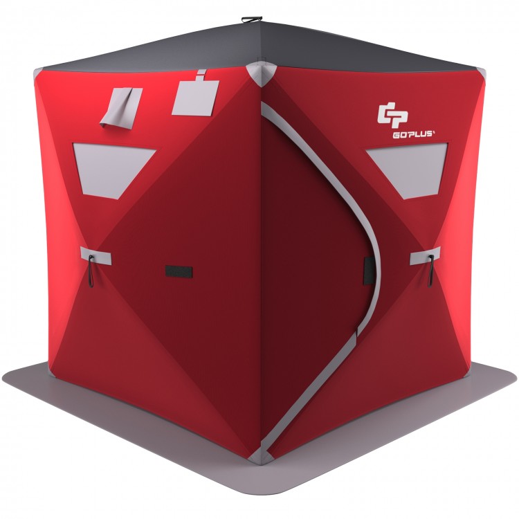 Red 2-person portable pop-up ice fishing tent made of 300D oxford fabric, featuring detachable windows for ventilation.