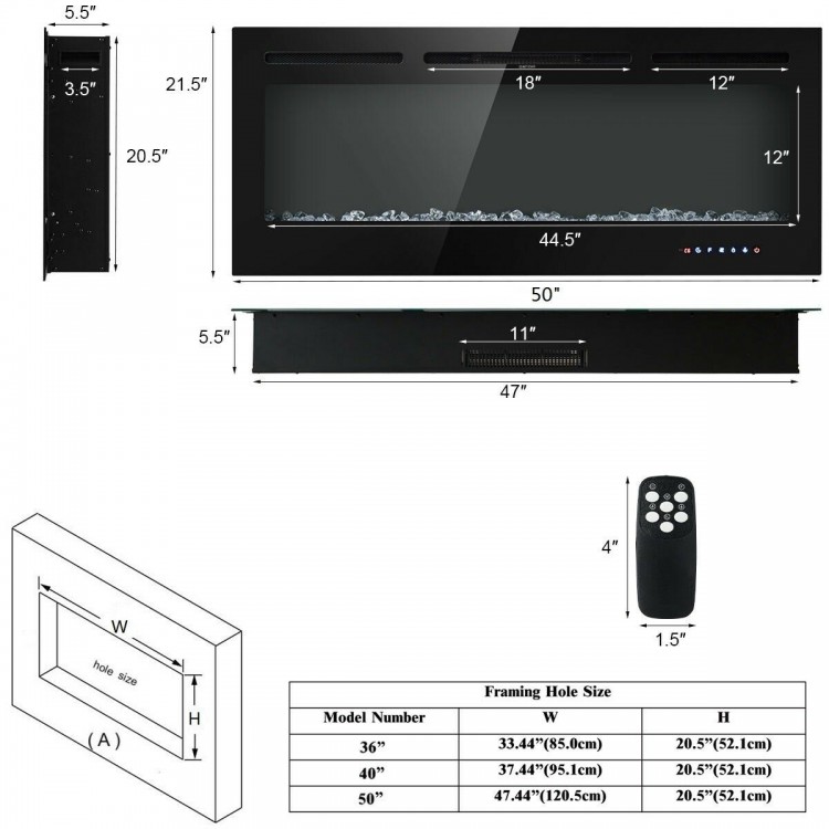 50-inch recessed electric fireplace with adjustable brightness, featuring 9 flame colors and remote control for easy.