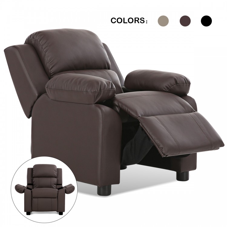 Brown PU leather kids sofa armchair recliner with flip-up storage armrest, designed for comfort and safety.