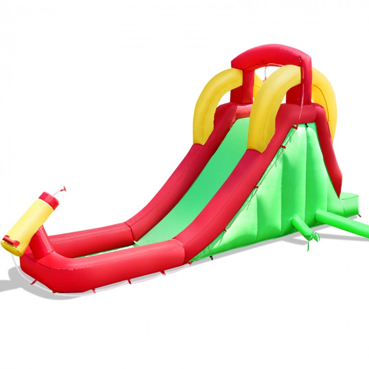 Side view of the inflatable water slide bounce house, showcasing the climbing wall and vibrant red and green design for.
