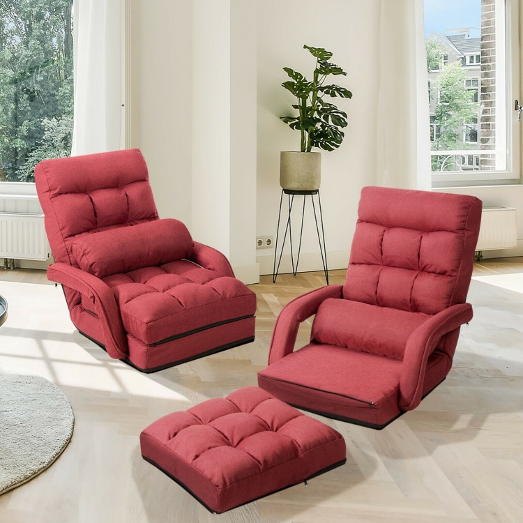 Red folding lazy floor chair sofa with armrests and pillow, adjustable back support for comfortable lounging in any.