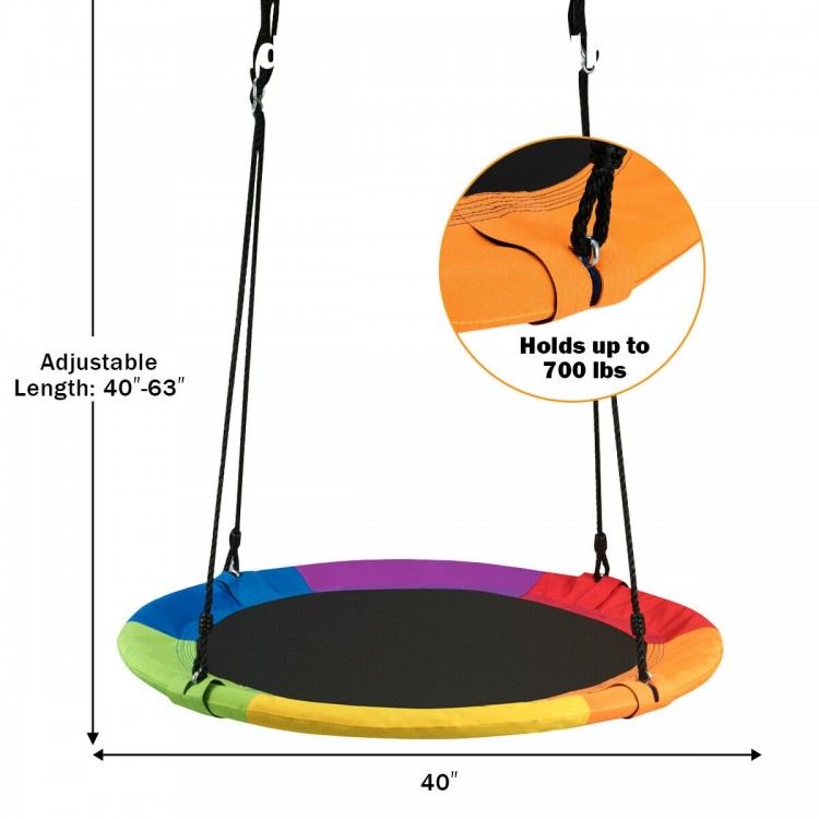 40-inch flying saucer tree swing in rainbow colors, made of durable 600D oxford fabric, holds up to 700 lbs for outdoor.