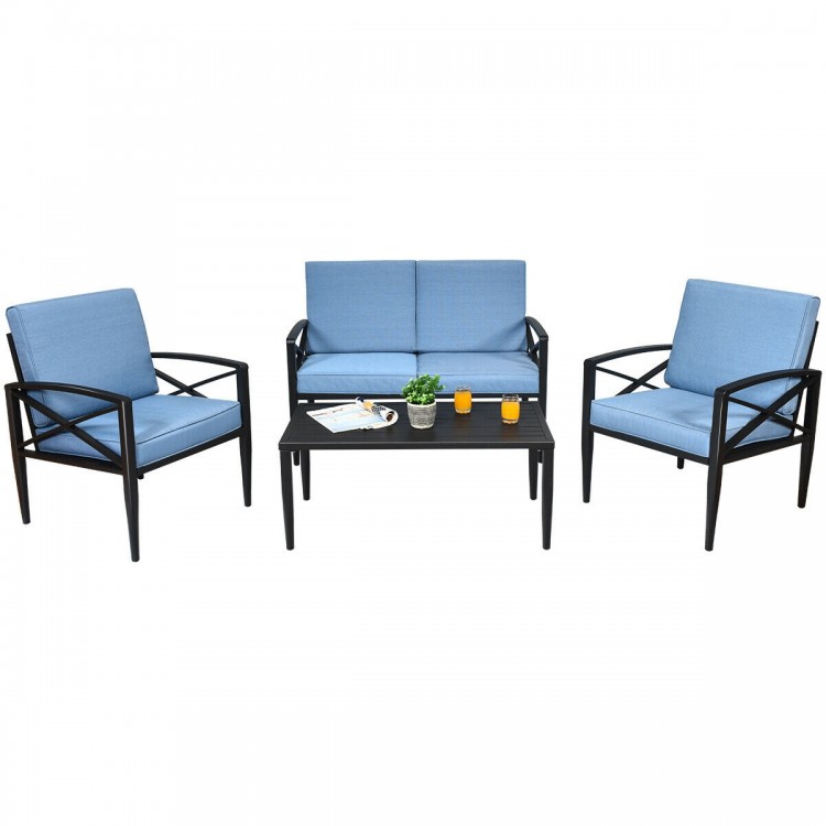 Patio furniture set featuring a cushioned loveseat, two single sofas, and a side table, perfect for outdoor relaxation.