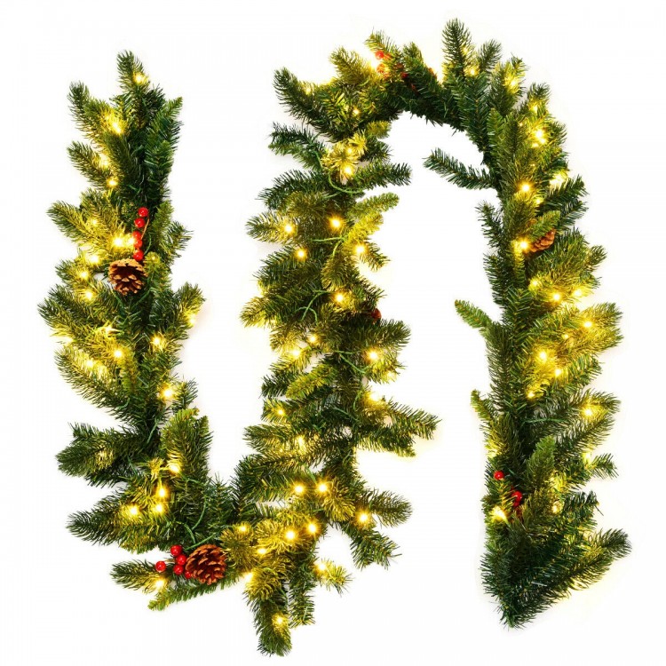 9FT pre-lit artificial Christmas garland with red berries and pine cones, featuring 100 warm white LED lights for.